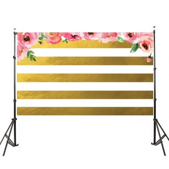 5x3FT 7x5FT Pink Flowers Gold White Stripes Photography Backdrop Studio Prop Background
