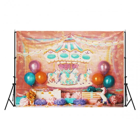 7x5FT Unicorn Birthday Pink Carousel Ribbon Photography Backdrop Studio Prop Background