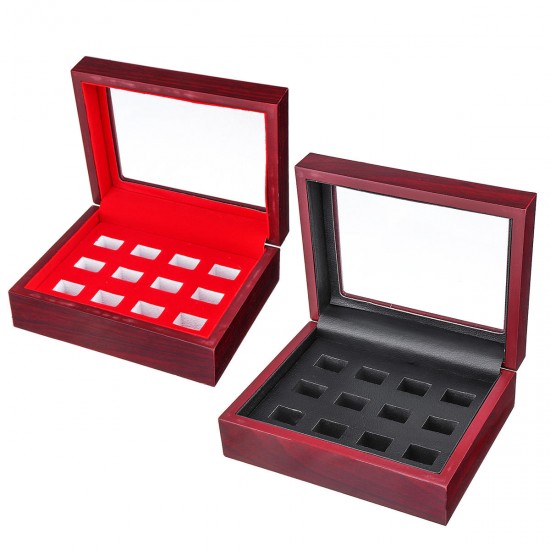 12 Holes Wooden Box For Championship Ring Collection Display Red Black