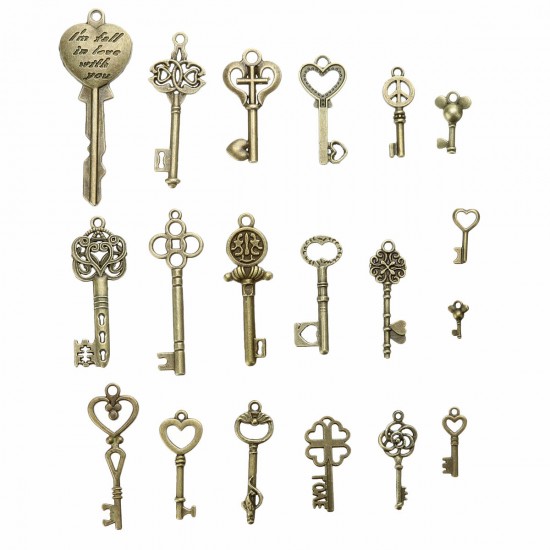 19Pcs Antique Bronze Key Retro Pendant Kit Necklace Bracelet Anklet Decorations