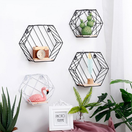 20cm Hexagon Wall Shelf Rack Twill Trellis Storage Holders Wooden Rack Holder Home Decor Kitchen