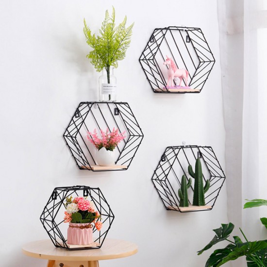 20cm Hexagon Wall Shelf Rack Twill Trellis Storage Holders Wooden Rack Holder Home Decor Kitchen