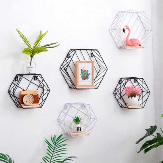 20cm Hexagon Wall Shelf Rack Twill Trellis Storage Holders Wooden Rack Holder Home Decor Kitchen