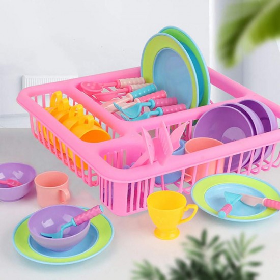 21PCS Kids Pretend Play Dishes Kitchen Playset Wash & Dry Tableware Rack Toys