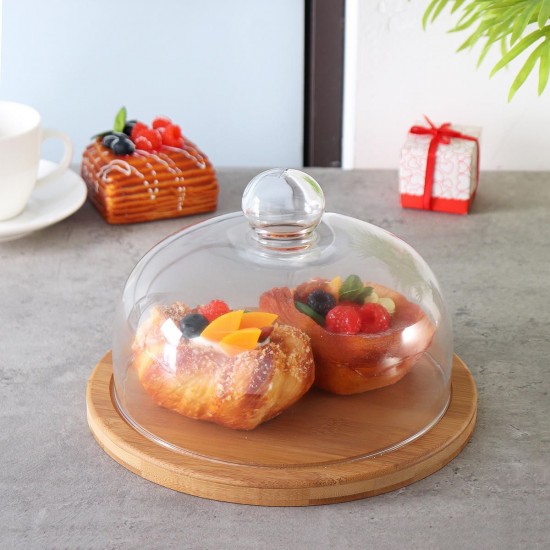 21cm Glass Cake Dessert Dome Cover With Rotating Bamboo Base Kitchen Storage Container