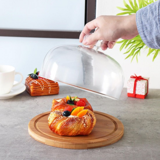 21cm Glass Cake Dessert Dome Cover With Rotating Bamboo Base Kitchen Storage Container