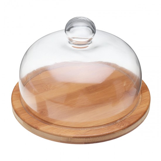 21cm Glass Cake Dessert Dome Cover With Rotating Bamboo Base Kitchen Storage Container