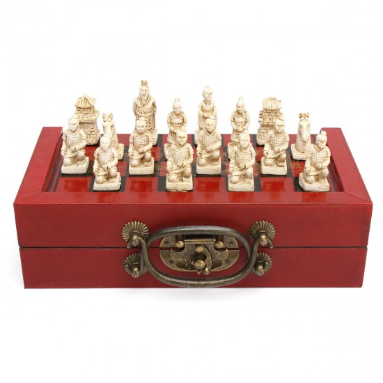 32 Pcs Terra Cotta Warriors Figure Chess Set with Chinese Wood Leather Box Board Games