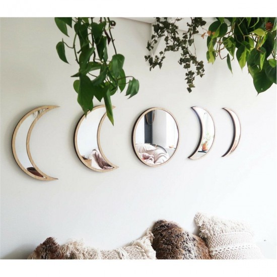 3/5 Pcs Moon Phase Mirror Nordic Acrylic Style Wooden Decorative Mirror Bedroom