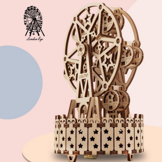 3D Antique Self-Assembly Rotating Wooden Music Ferris Wheel Gear Box Laser Cut Parts Puzzle Building Kits Mechanical Model DIY Gift Decorations