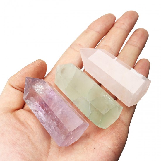 3Pcs Natural Rose Quartz Green Fluorite Obelisk Amethyst Crystals Point Wand Healing