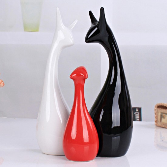 3Pcs/Set Deer Family Ceramic Figurine Porcelain Decorations Black /White /Red