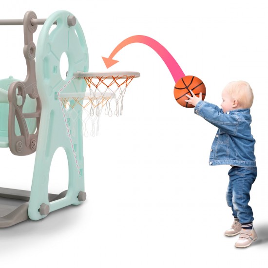 4 in 1 Slide Playset Ladder Stand Children Slide Basketball Backboard Ring Swing Set