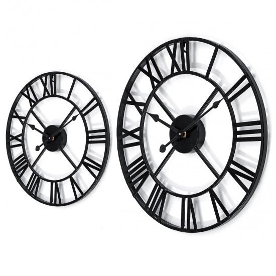 40/60cm Large Metal Skeleton Roman Numeral Wall Clock Black Round Shape