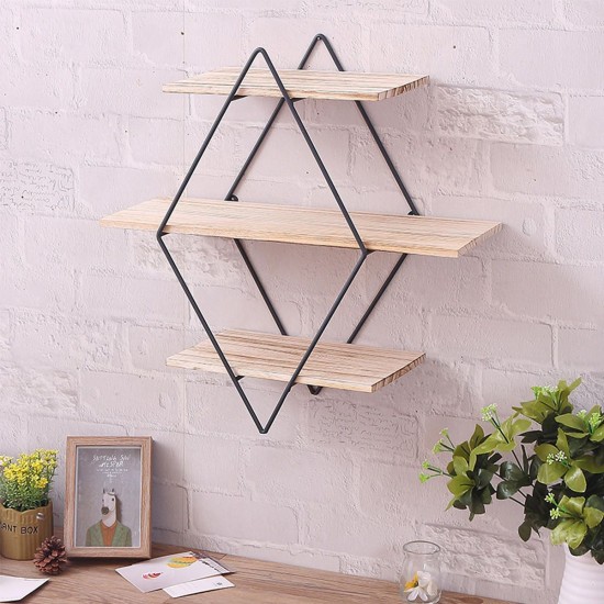 50x50x19cm Retro Rhombus Wood Iron Craft Wall Shelf Rack Storage Industrial Style Decorations