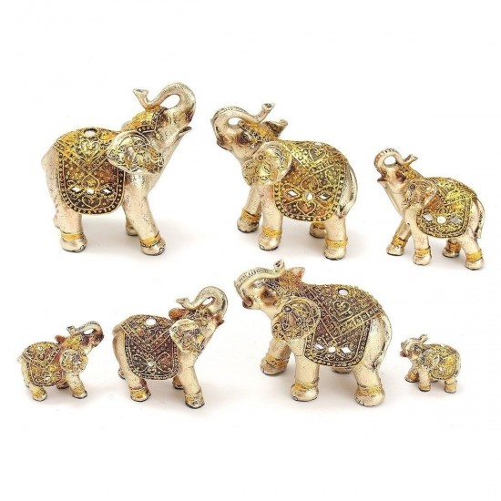 7Pcs Feng Shui Golden Elephant Statue Lucky Wealth Figurine Gift Home Decor