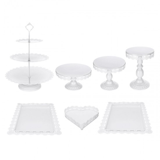 7Pcs White/Gold Amalfi Glass Top Cake Stand Round Metal Wedding Cupcake Tower Decorations