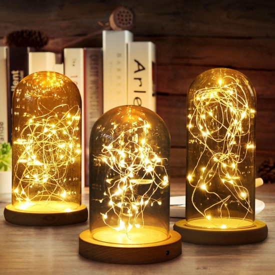 9x15cm Glass Dome Bell Jar Cloche Display Wooden Base With Fairy LED Light Decorations Christmas Gift