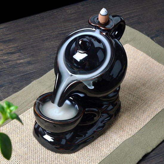 Black Ceramic Teapot Incense Burner Backflow Censer Holder Buddhist Blessing + 10 Cones