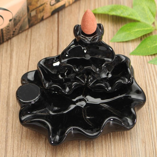 Black Porcelain Tower Backflow Incense Burner Ceramic Buddhist Cone Holder w/ 6Pcs Incense Cones