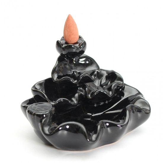 Black Porcelain Tower Backflow Incense Burner Ceramic Buddhist Cone Holder w/ 6Pcs Incense Cones