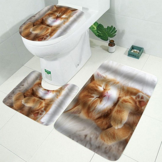 Cat Printing Waterproof Bathroom Shower Curtain Toilet Cover Mat Set