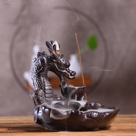 Ceramic Glaze Dragon Censer Backflow Incense Burner Waterfall Smoke Cone Sticks Holder