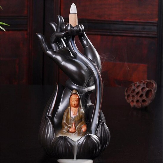 Ceramic Incense Cone Burner Holder Smoke Backflow Censer Guanyin Decor