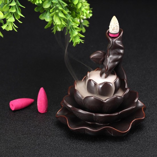 Ceramic Lotus Pond Waterfall Smoke Backflow Cone Censer Incense Burner Holder + 10 Cones