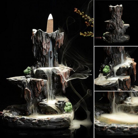 Ceramic Mountain Waterfall Smoke Backflow Incense Burner Cones Holder + 7 Cones