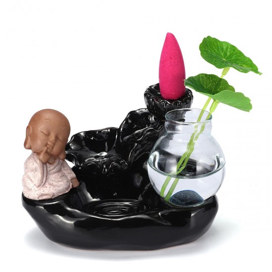 Ceramic Small Monk Back-flow Incense Burner Buddhist Cone Censer Holder With Glass Hydroponic Pot