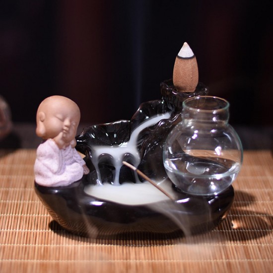 Ceramic Small Monk Back-flow Incense Burner Buddhist Cone Censer Holder With Glass Hydroponic Pot