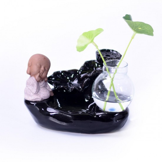 Ceramic Small Monk Back-flow Incense Burner Buddhist Cone Censer Holder With Glass Hydroponic Pot