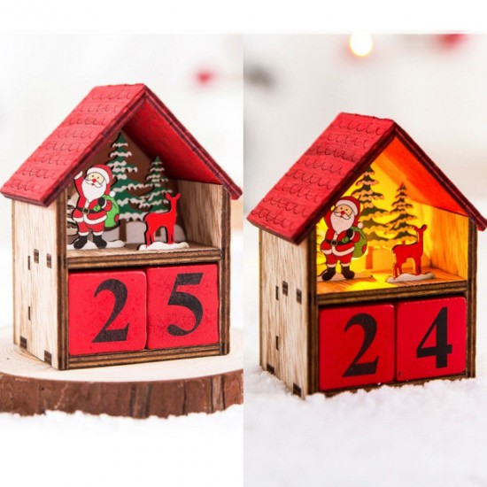 Christmas Advent Calendar LED Light Up Wood House Santa Claus Snowman Home Decoration