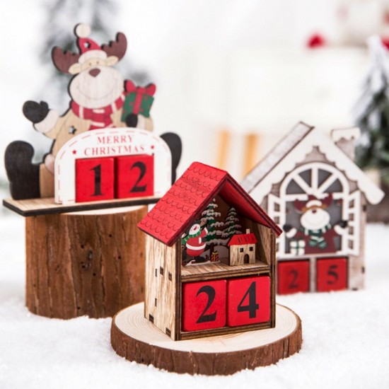 Christmas Advent Calendar LED Light Up Wood House Santa Claus Snowman Home Decoration