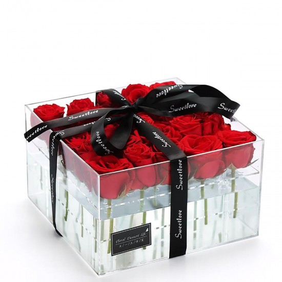 Clear Acrylic Rose Flower Box Makeup Organizer Artificial Flower Bouquet Wedding Decorations