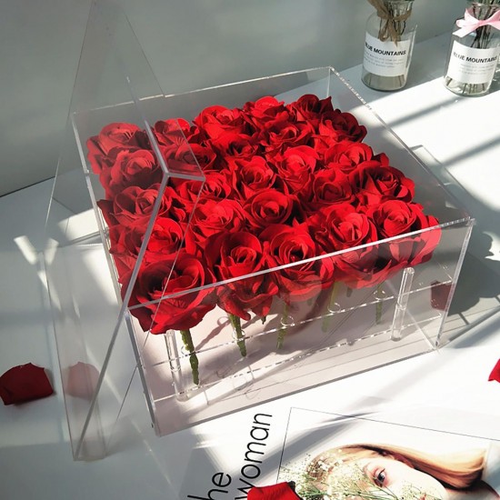 Clear Acrylic Rose Flower Box Makeup Organizer Artificial Flower Bouquet Wedding Decorations