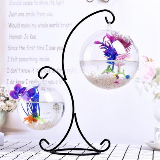 Clear Glass Hanging Ball Mini Fish Tank Aquarium Home Office Desktop Stand Decorations