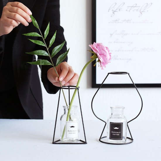 Creative Metal Wire Vase Black Flower Rack Abstract Geometric Frame Home Decor