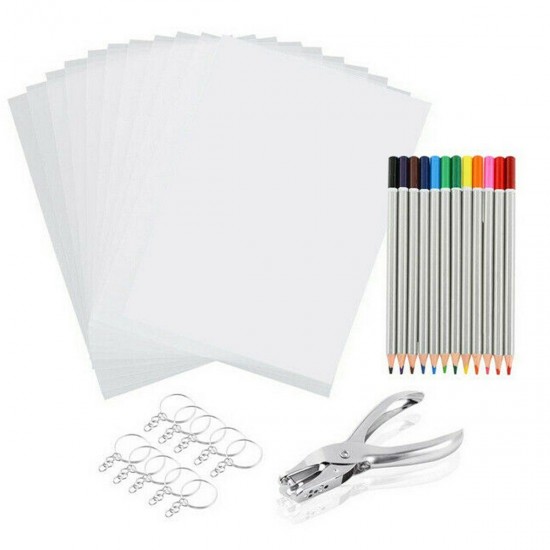 DIY Heat Shrink Plastic Sheet Kit Shrinky Art Paper Hole Punch Keychains Pencils Materials