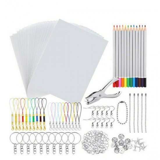 DIY Heat Shrink Plastic Sheet Kit Shrinky Art Paper Hole Punch Keychains Pencils Materials