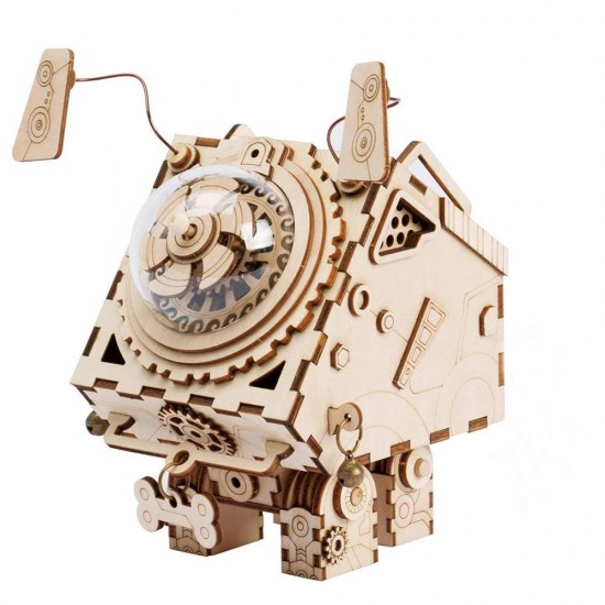 DIY Model 3D Puzzle Music Box Wooden Craft Kit Robot Machinarium Toys with Light Handmade Gift