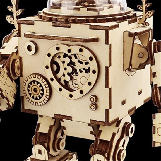 DIY Model 3D Puzzle Music Box Wooden Craft Kit Robot Machinarium Toys with Light Handmade Gift