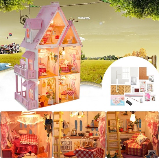 DIY Wooden Dolls House Doll House LED Light Miniature Dollhouse w/ Furniture Doll House Accessories