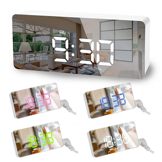 Digital LED Mirror Alarm Clock Bedside Table Time with Thermometer Calendar USB