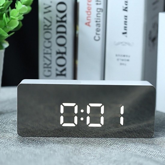 Digital LED Mirror Alarm Clock Bedside Table Time with Thermometer Calendar USB