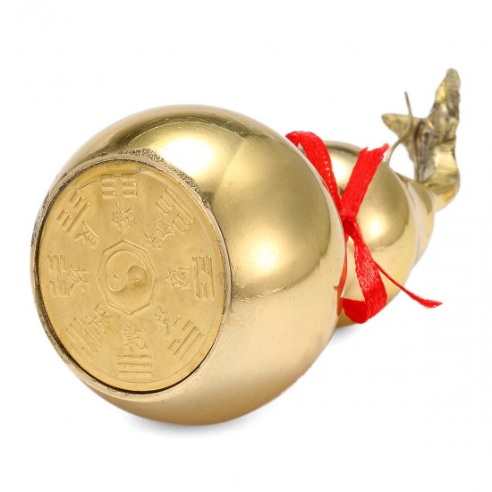 Gold Brass Feng Sui Gourd with Red Ribbon Good Luck Collection Decorations