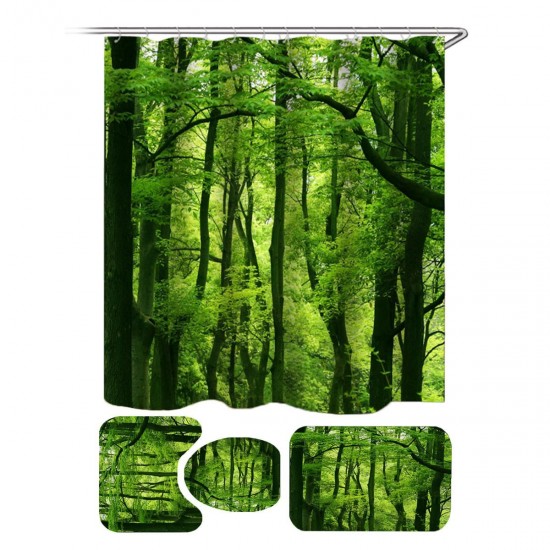 Green Forest Waterproof Shower Curtain Bathroom Toilet Cover Mat Rug Pad Set