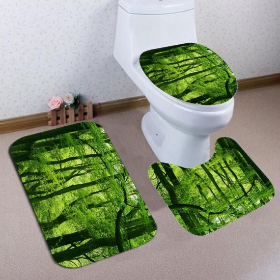 Green Forest Waterproof Shower Curtain Bathroom Toilet Cover Mat Rug Pad Set