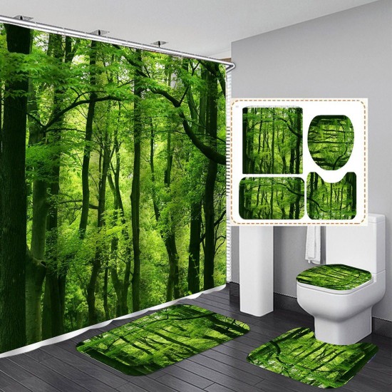 Green Forest Waterproof Shower Curtain Bathroom Toilet Cover Mat Rug Pad Set